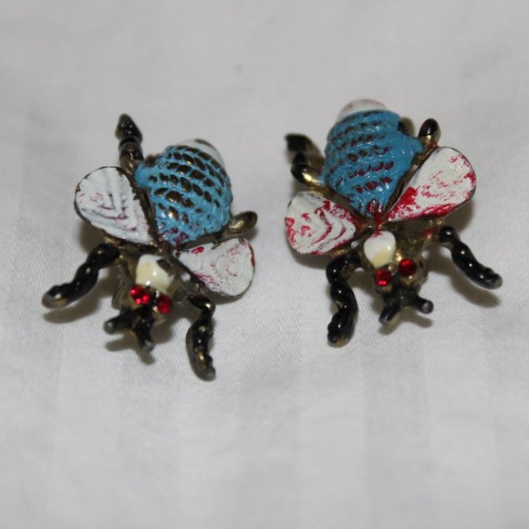 2 Vintage Fly Brooch Pins Red Rhinestones Eyes - Picture 3 of 8